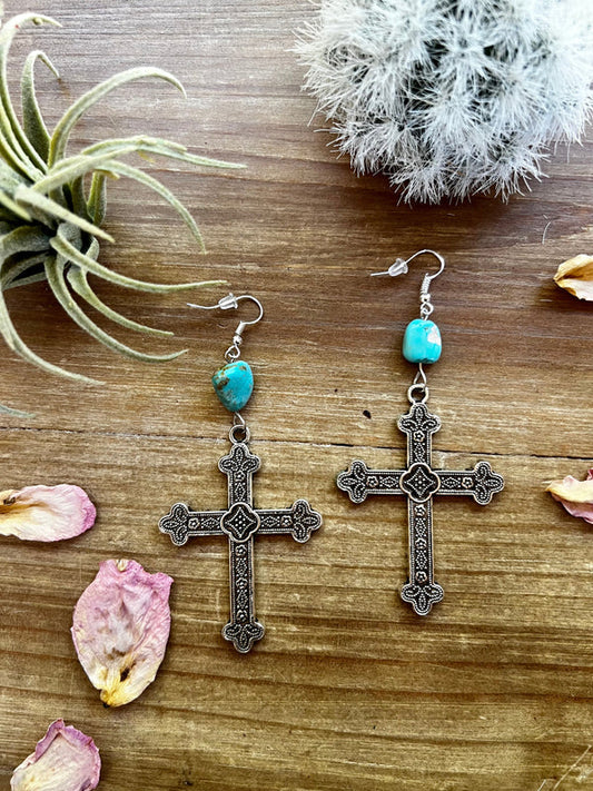 Cross earrings with real turquoise